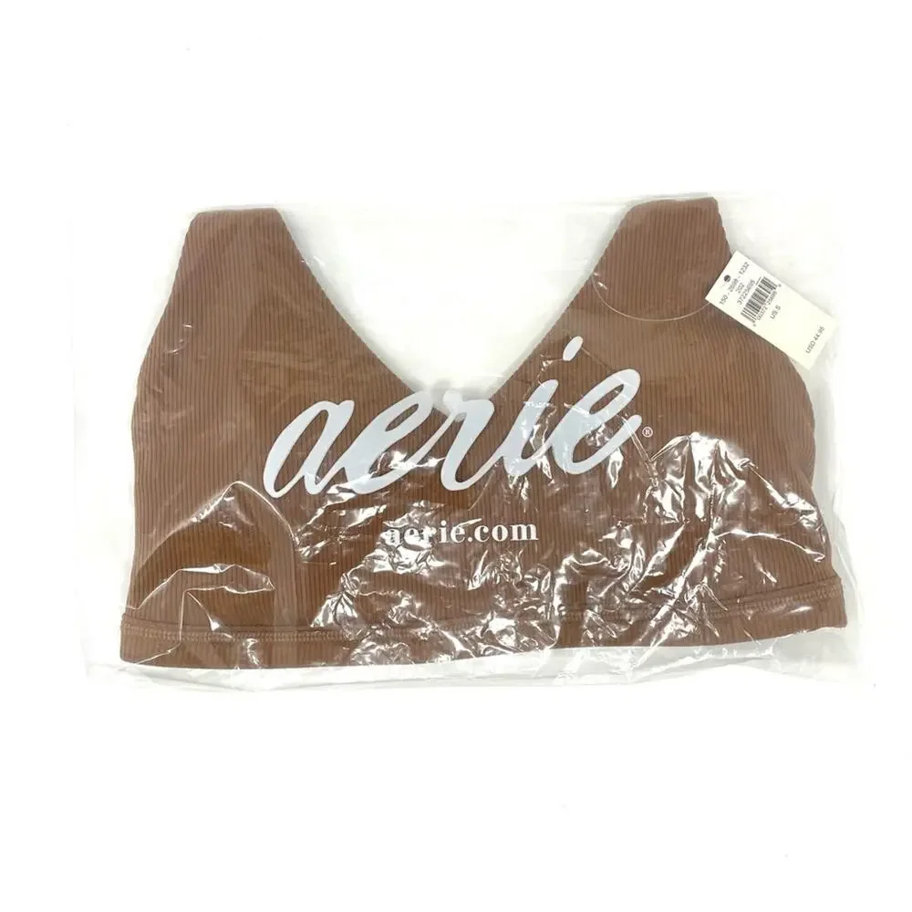 Aerie OFFLINE Ribbed Plunge Sports Bra w/ Back Mesh in Brown Women's Small $45 - Picture 5 of 8